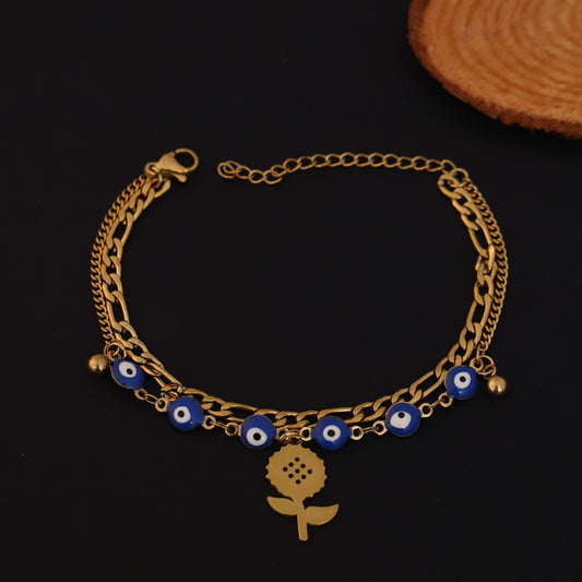 Evil Eye and Sunflower Bracelet - Gold Layered Chain with Blue Beads | Stainless Steel Jewelry