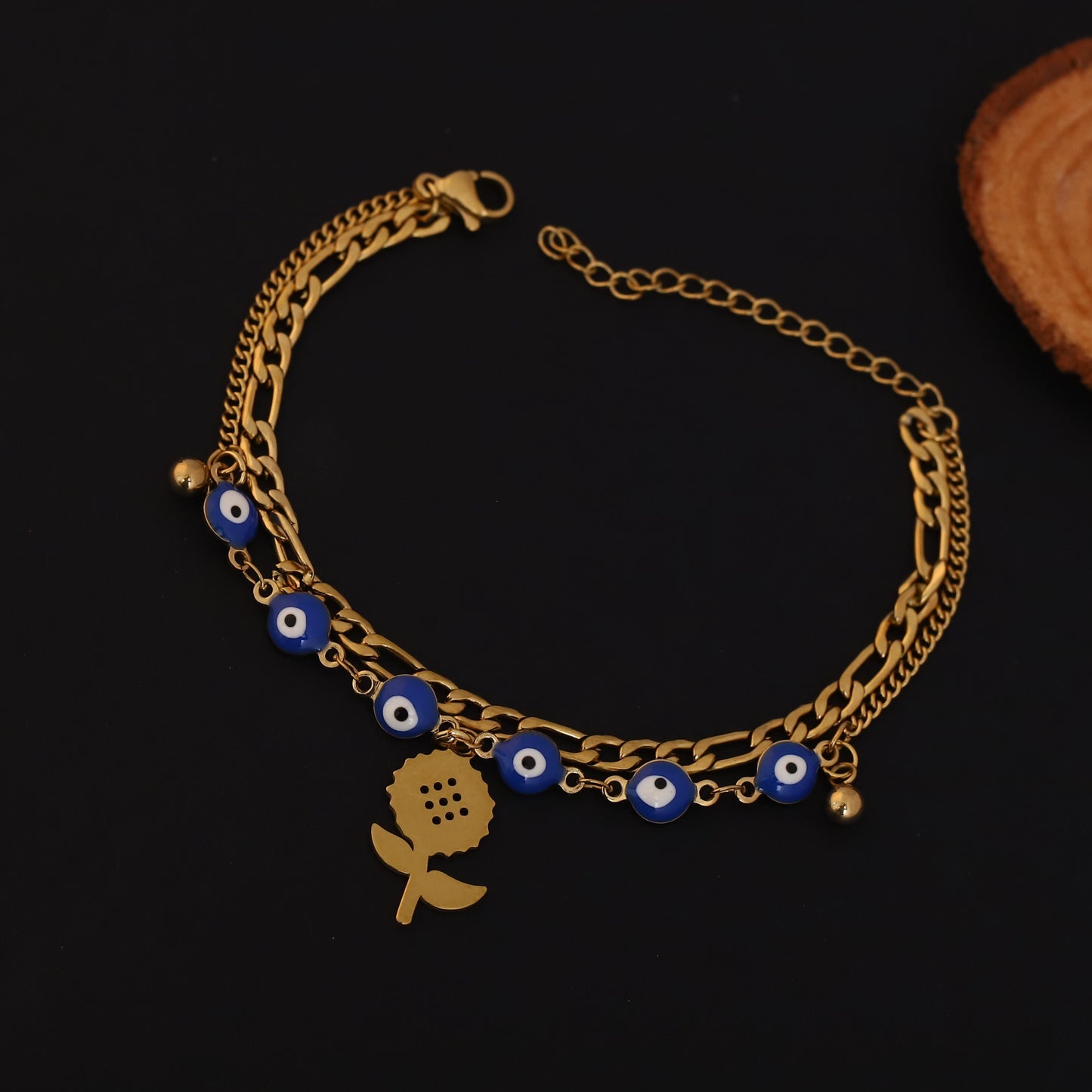 Evil Eye and Sunflower Bracelet - Gold Layered Chain with Blue Beads | Stainless Steel Jewelry