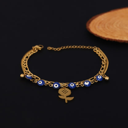 Evil Eye and Sunflower Bracelet - Gold Layered Chain with Blue Beads | Stainless Steel Jewelry