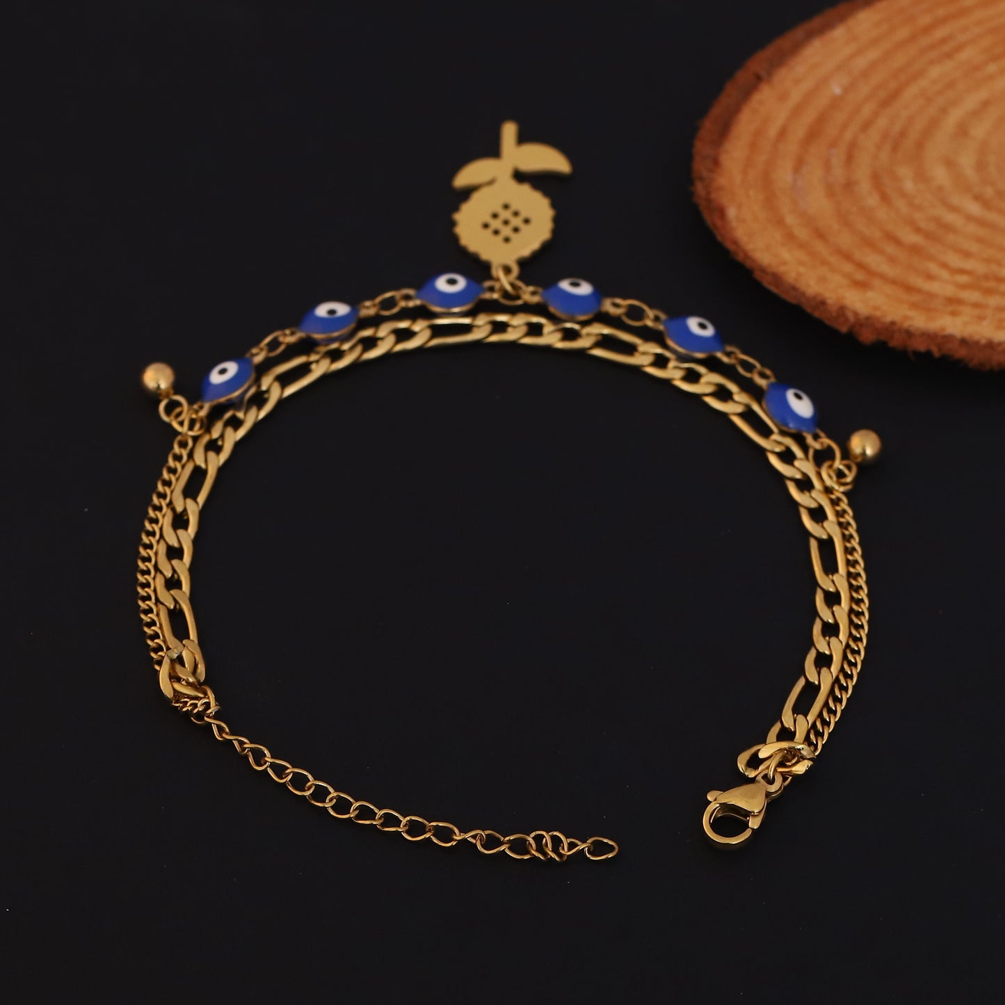 Evil Eye and Sunflower Bracelet - Gold Layered Chain with Blue Beads | Stainless Steel Jewelry