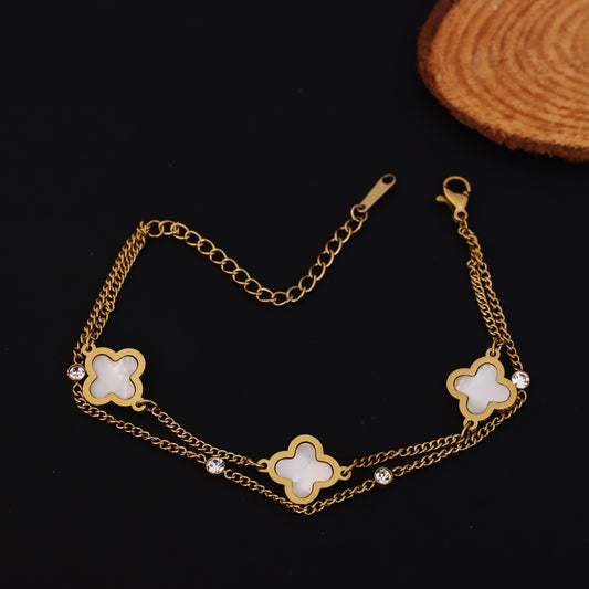 Gold Clover Bracelet - Mother of Pearl & Crystal Layered Chain | Stainless Steel Luck Jewelry