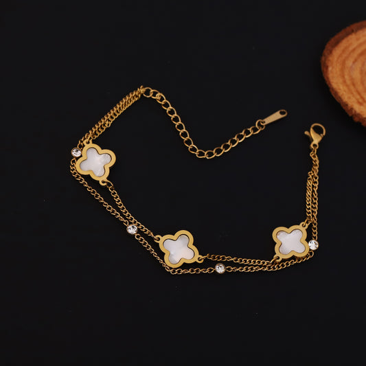Gold Clover Bracelet - Mother of Pearl & Crystal Layered Chain | Stainless Steel Luck Jewelry
