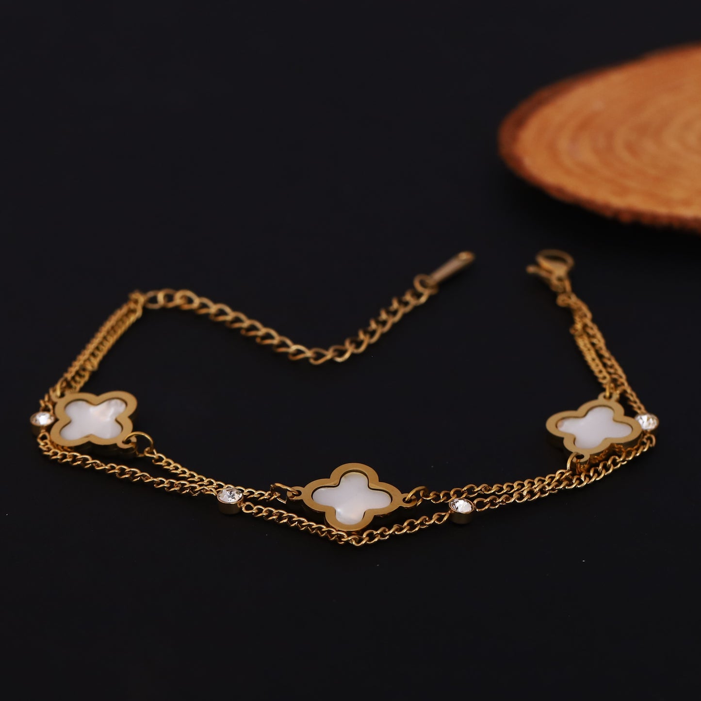 Gold Clover Bracelet - Mother of Pearl & Crystal Layered Chain | Stainless Steel Luck Jewelry