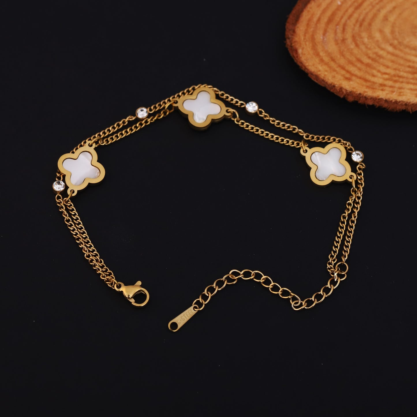Gold Clover Bracelet - Mother of Pearl & Crystal Layered Chain | Stainless Steel Luck Jewelry