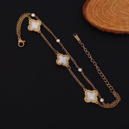 Gold Clover Bracelet - Mother of Pearl & Crystal Layered Chain | Stainless Steel Luck Jewelry