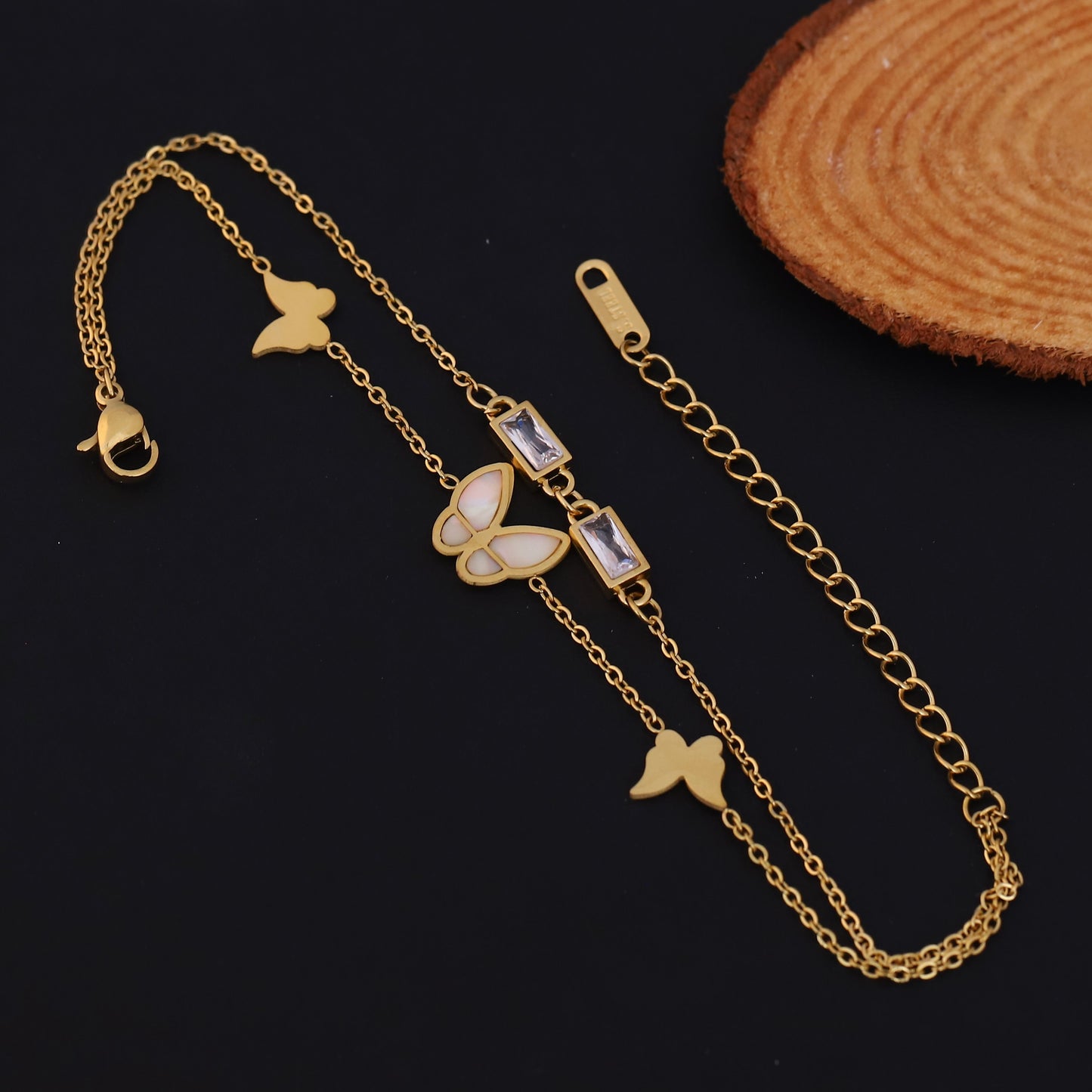 Gold Plated Butterfly & Mother of Pearl Charm Bracelet - Stainless Steel Double Layer