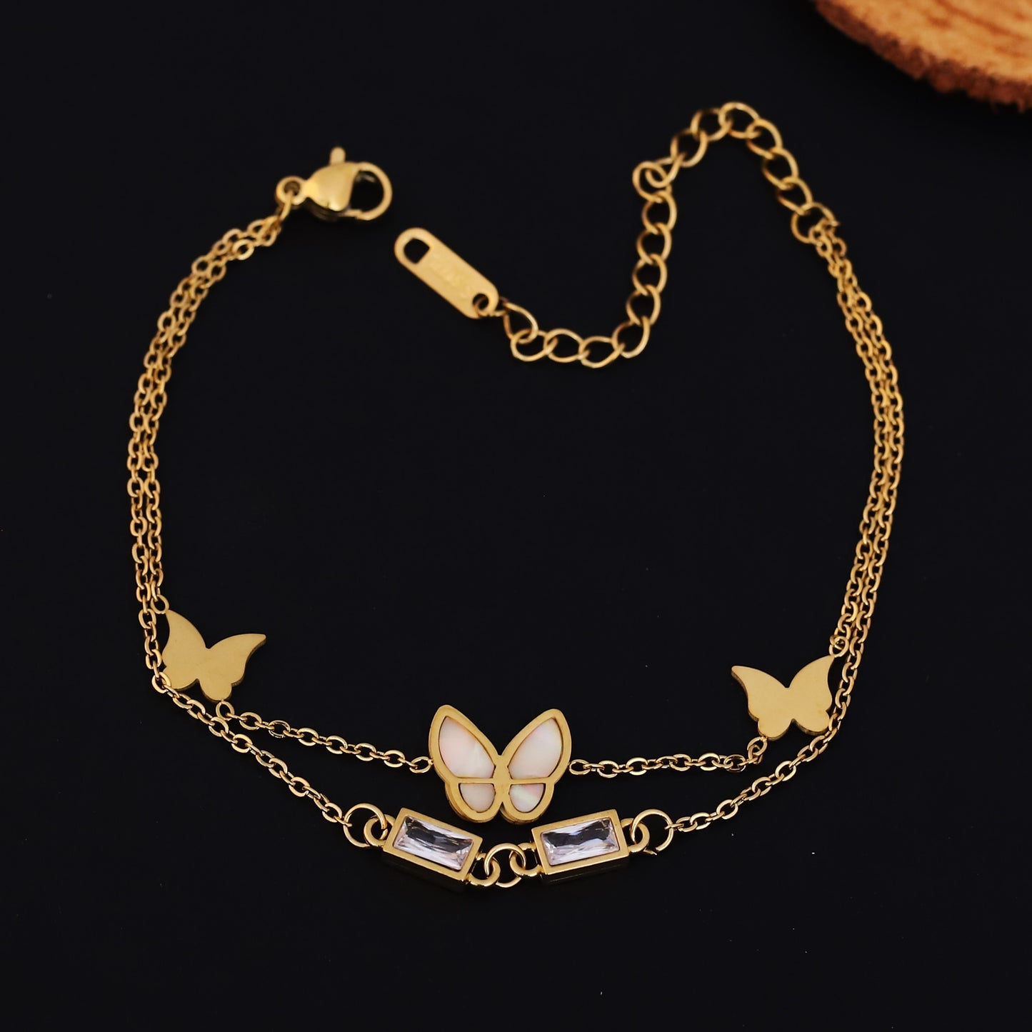Gold Plated Butterfly & Mother of Pearl Charm Bracelet - Stainless Steel Double Layer