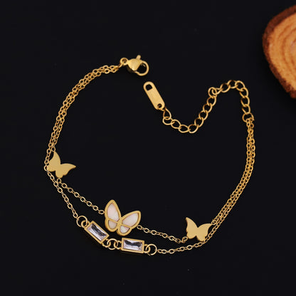 Gold Plated Butterfly & Mother of Pearl Charm Bracelet - Stainless Steel Double Layer