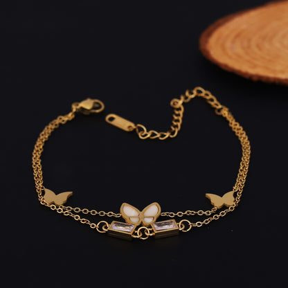 Gold Plated Butterfly & Mother of Pearl Charm Bracelet - Stainless Steel Double Layer