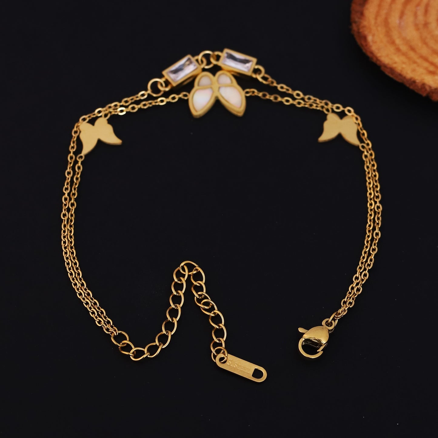 Gold Plated Butterfly & Mother of Pearl Charm Bracelet - Stainless Steel Double Layer