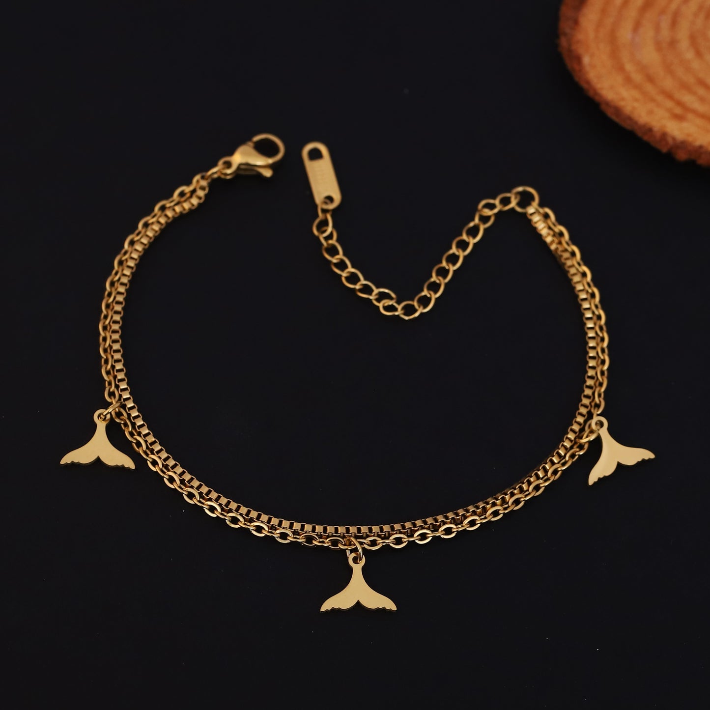 Gold Plated Whale Tail Charm Bracelet - Double Layer Stainless Steel Ocean Jewelry