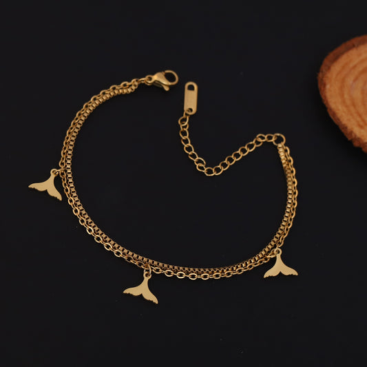 Gold Plated Whale Tail Charm Bracelet - Double Layer Stainless Steel Ocean Jewelry