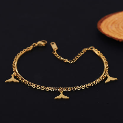 Gold Plated Whale Tail Charm Bracelet - Double Layer Stainless Steel Ocean Jewelry