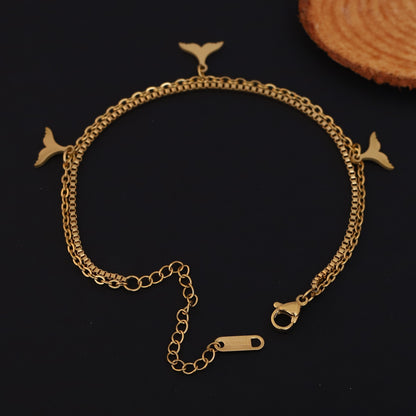 Gold Plated Whale Tail Charm Bracelet - Double Layer Stainless Steel Ocean Jewelry