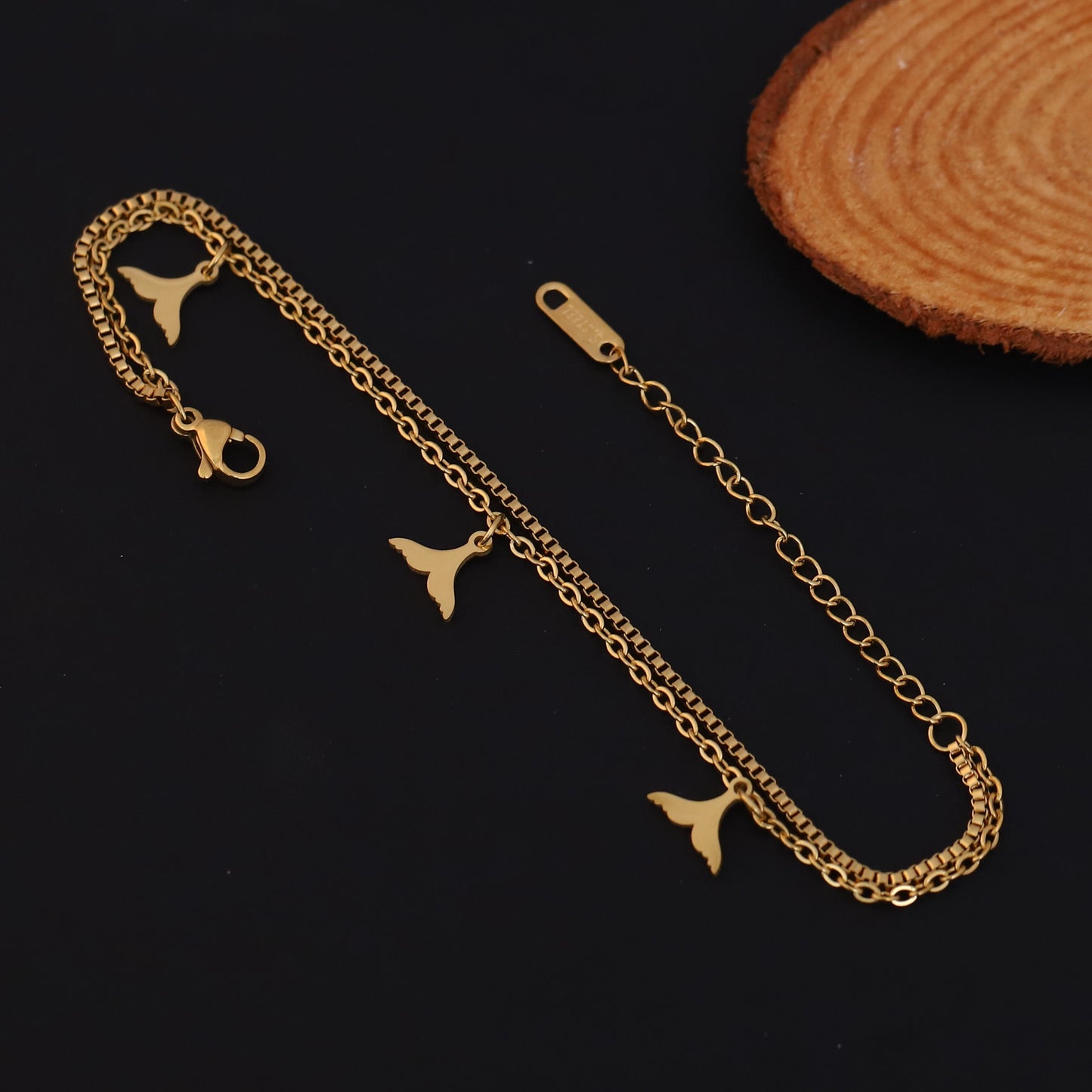 Gold Plated Whale Tail Charm Bracelet - Double Layer Stainless Steel Ocean Jewelry