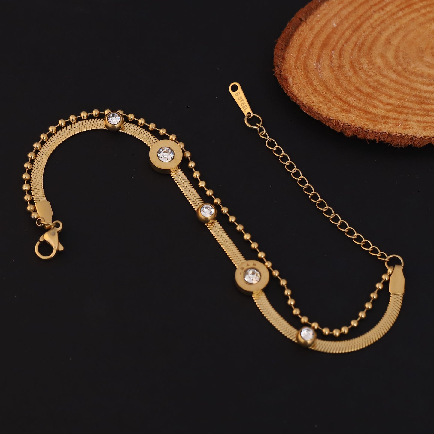 Elegant Gold Plated Herringbone & Bead Chain Bracelet with CZ Accents - Stainless Steel