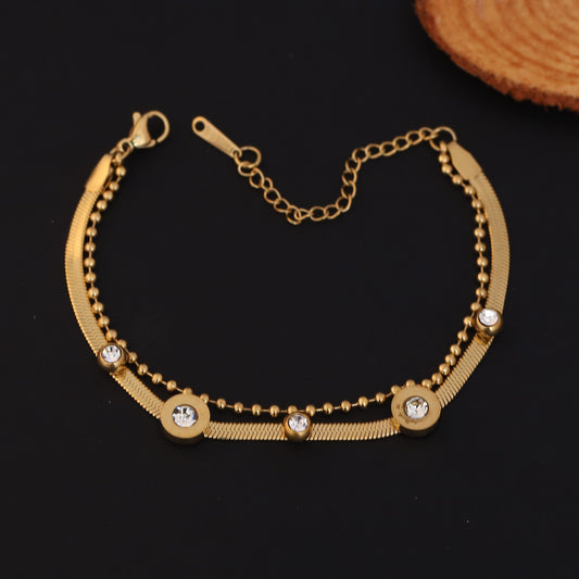 Elegant Gold Plated Herringbone & Bead Chain Bracelet with CZ Accents - Stainless Steel