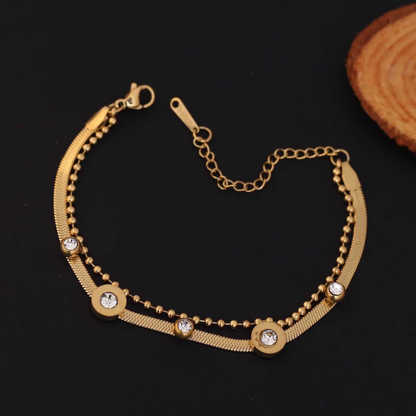 Elegant Gold Plated Herringbone & Bead Chain Bracelet with CZ Accents - Stainless Steel