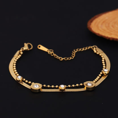 Elegant Gold Plated Herringbone & Bead Chain Bracelet with CZ Accents - Stainless Steel