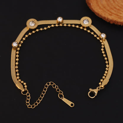 Elegant Gold Plated Herringbone & Bead Chain Bracelet with CZ Accents - Stainless Steel