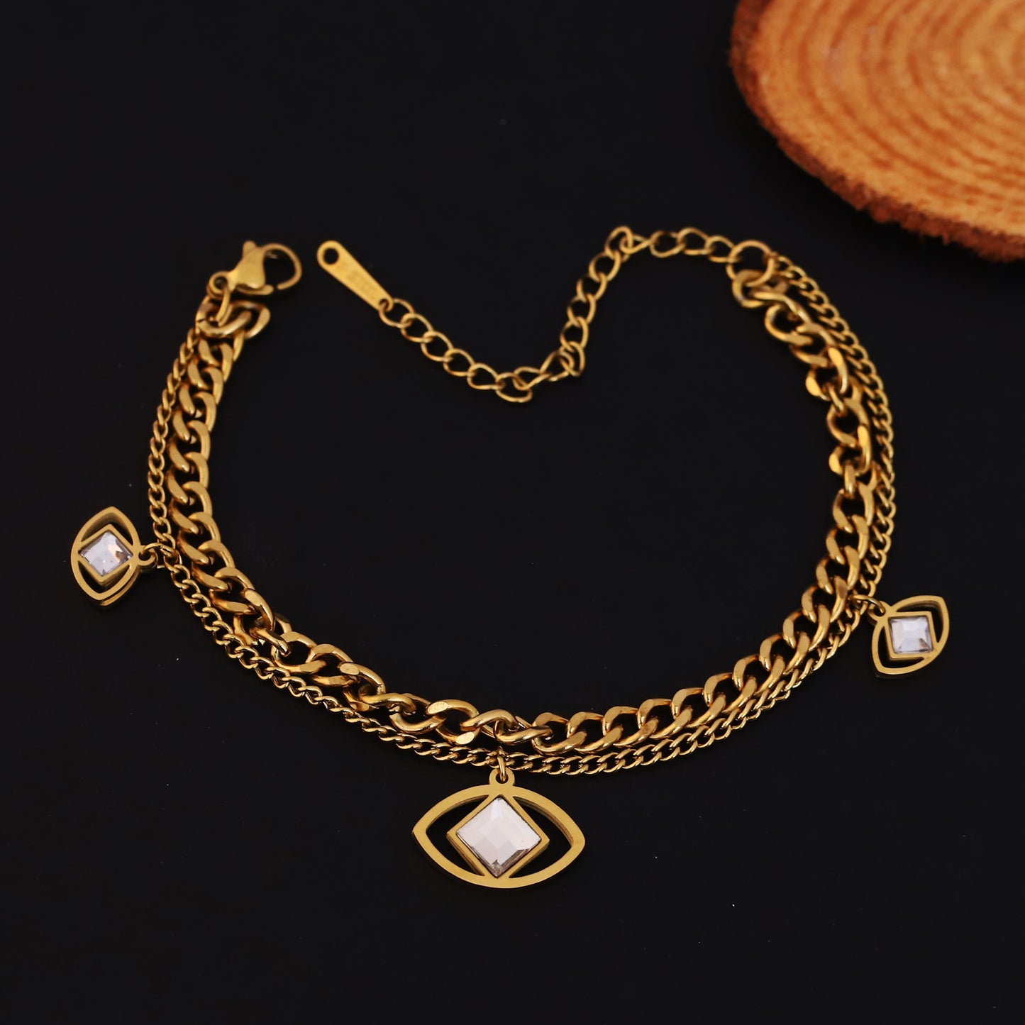 Gold Plated Evil Eye Charm Bracelet - Double Layer Stainless Steel with Cubic Zirconia