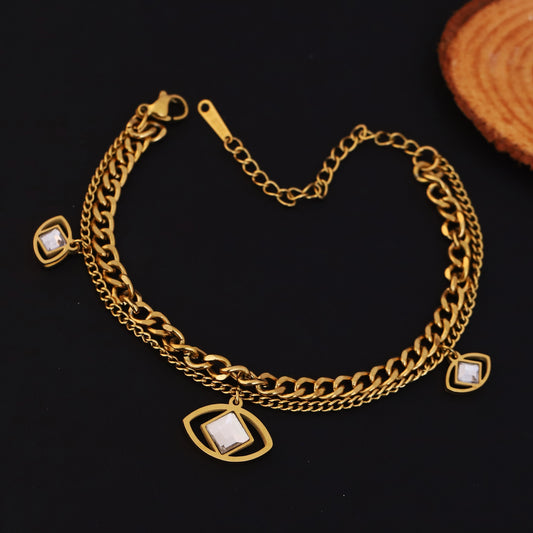 Gold Plated Evil Eye Charm Bracelet - Double Layer Stainless Steel with Cubic Zirconia
