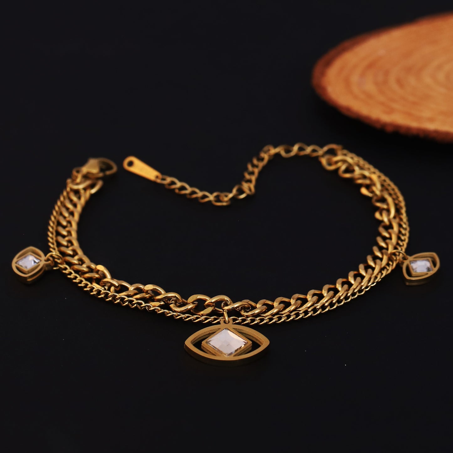 Gold Plated Evil Eye Charm Bracelet - Double Layer Stainless Steel with Cubic Zirconia