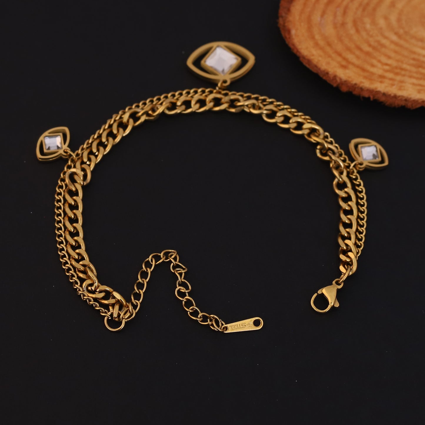 Gold Plated Evil Eye Charm Bracelet - Double Layer Stainless Steel with Cubic Zirconia