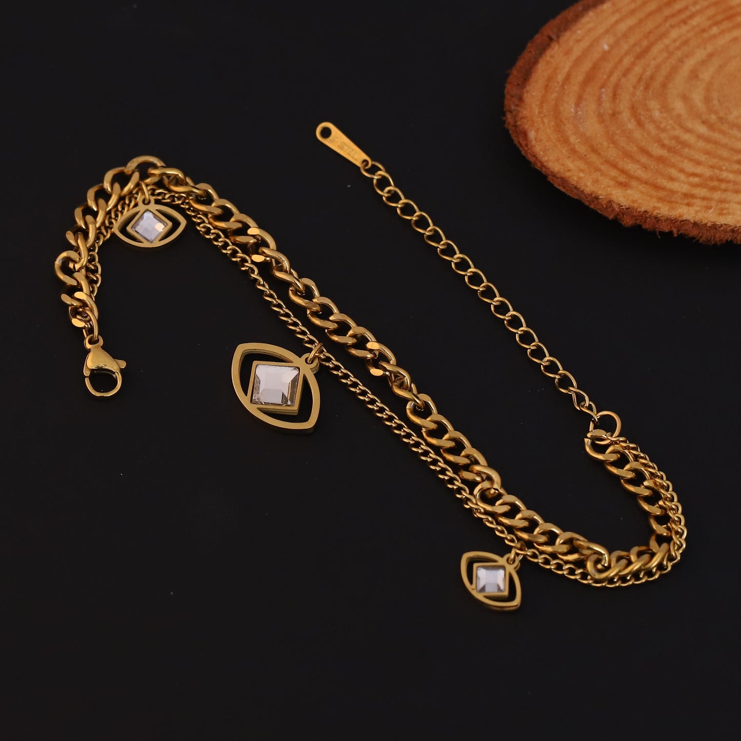 Gold Plated Evil Eye Charm Bracelet - Double Layer Stainless Steel with Cubic Zirconia