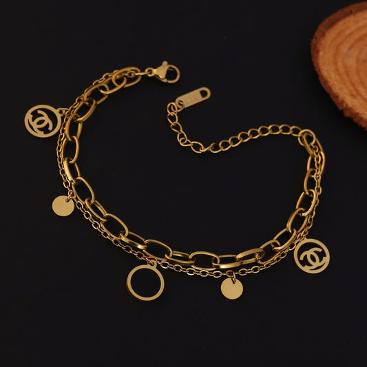 Elegant Gold Plated Double Layer Charm Bracelet for Women - Stainless Steel Fashion Jewelry