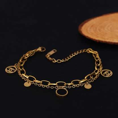Elegant Gold Plated Double Layer Charm Bracelet for Women - Stainless Steel Fashion Jewelry