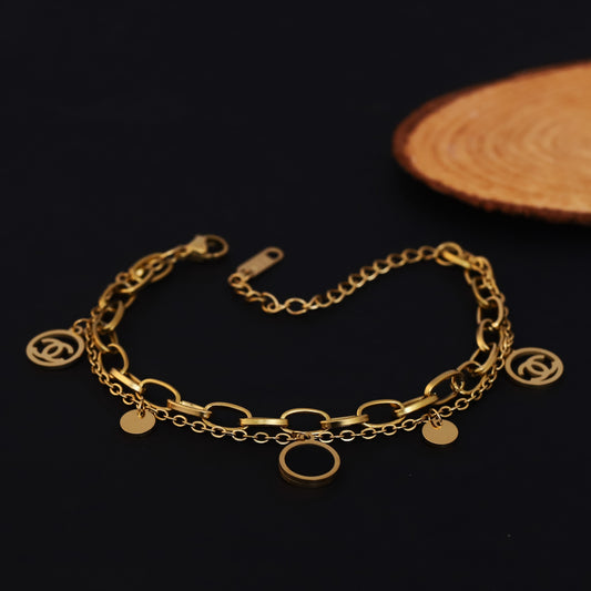 Elegant Gold Plated Double Layer Charm Bracelet for Women - Stainless Steel Fashion Jewelry