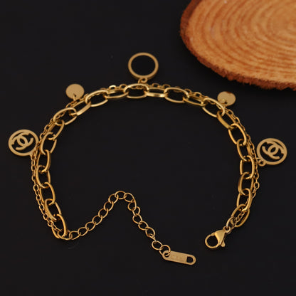Elegant Gold Plated Double Layer Charm Bracelet for Women - Stainless Steel Fashion Jewelry