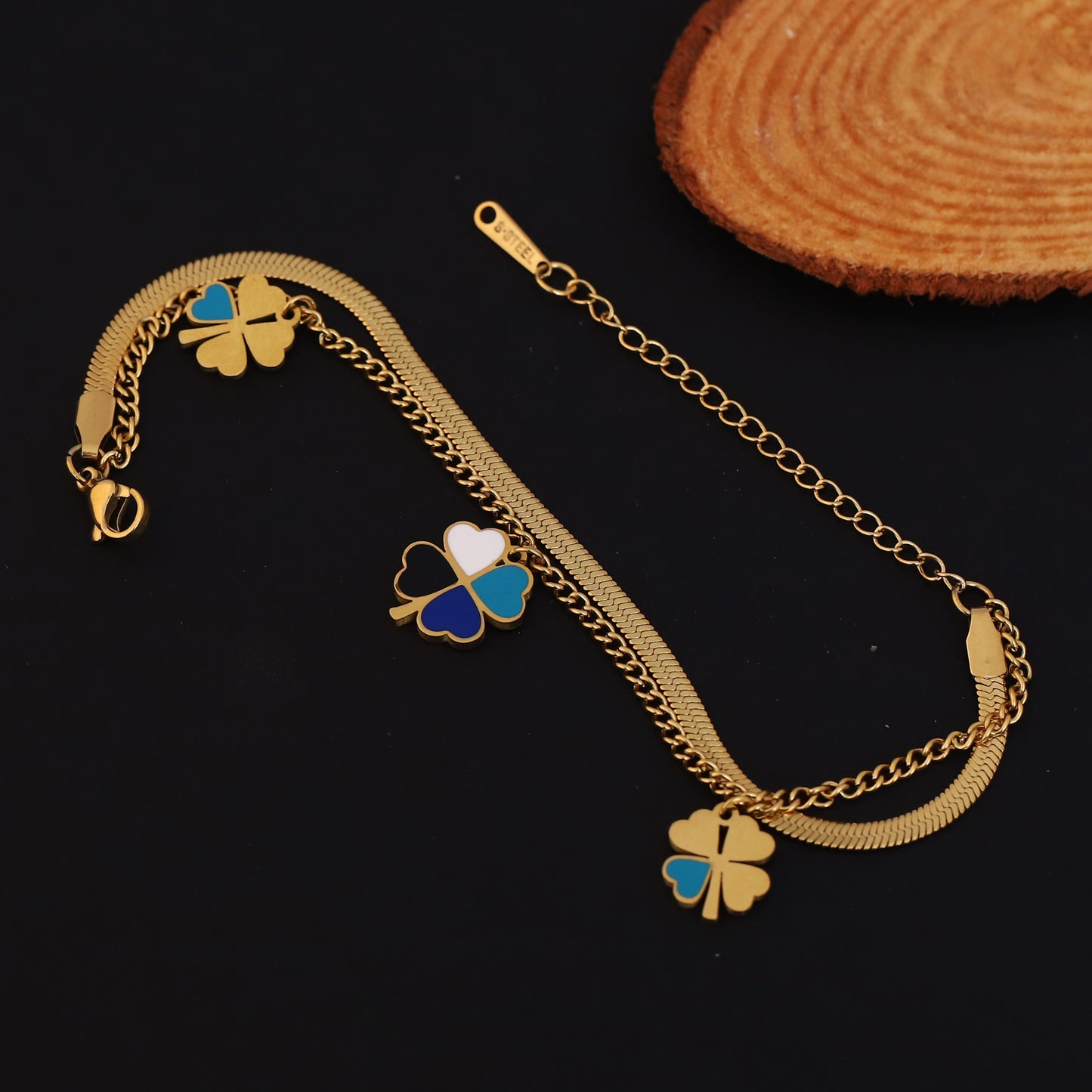 Gold Double Layered Clover Charm Bracelet - Stainless Steel Herringbone Chain
