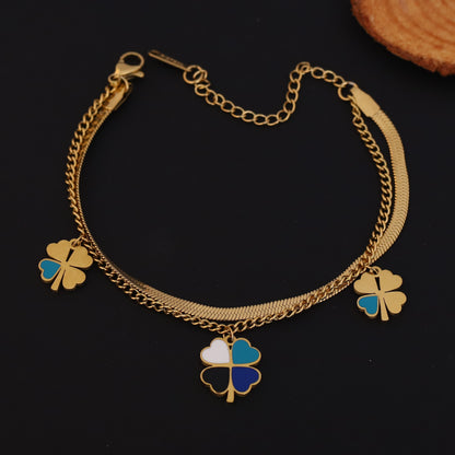 Gold Double Layered Clover Charm Bracelet - Stainless Steel Herringbone Chain