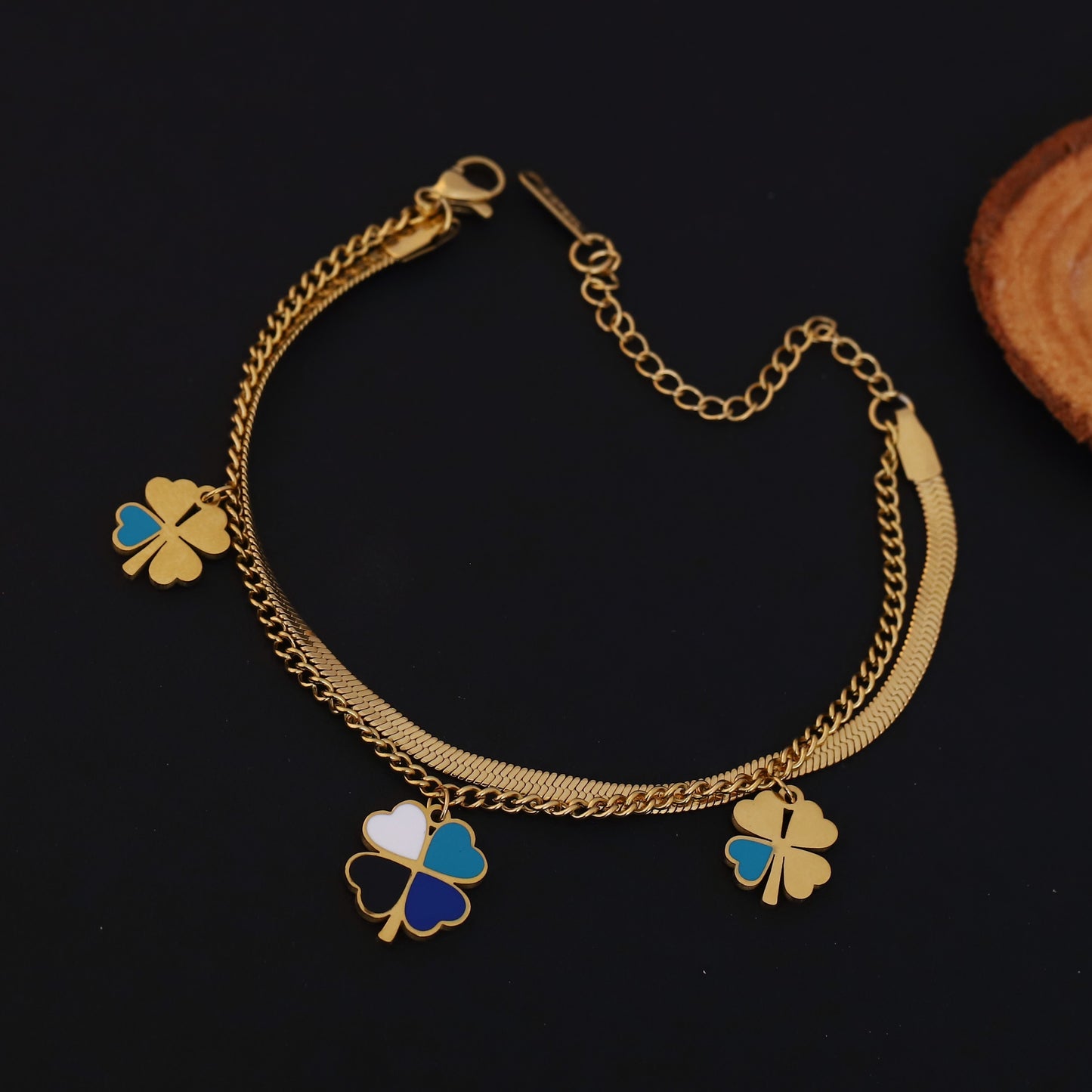 Gold Double Layered Clover Charm Bracelet - Stainless Steel Herringbone Chain