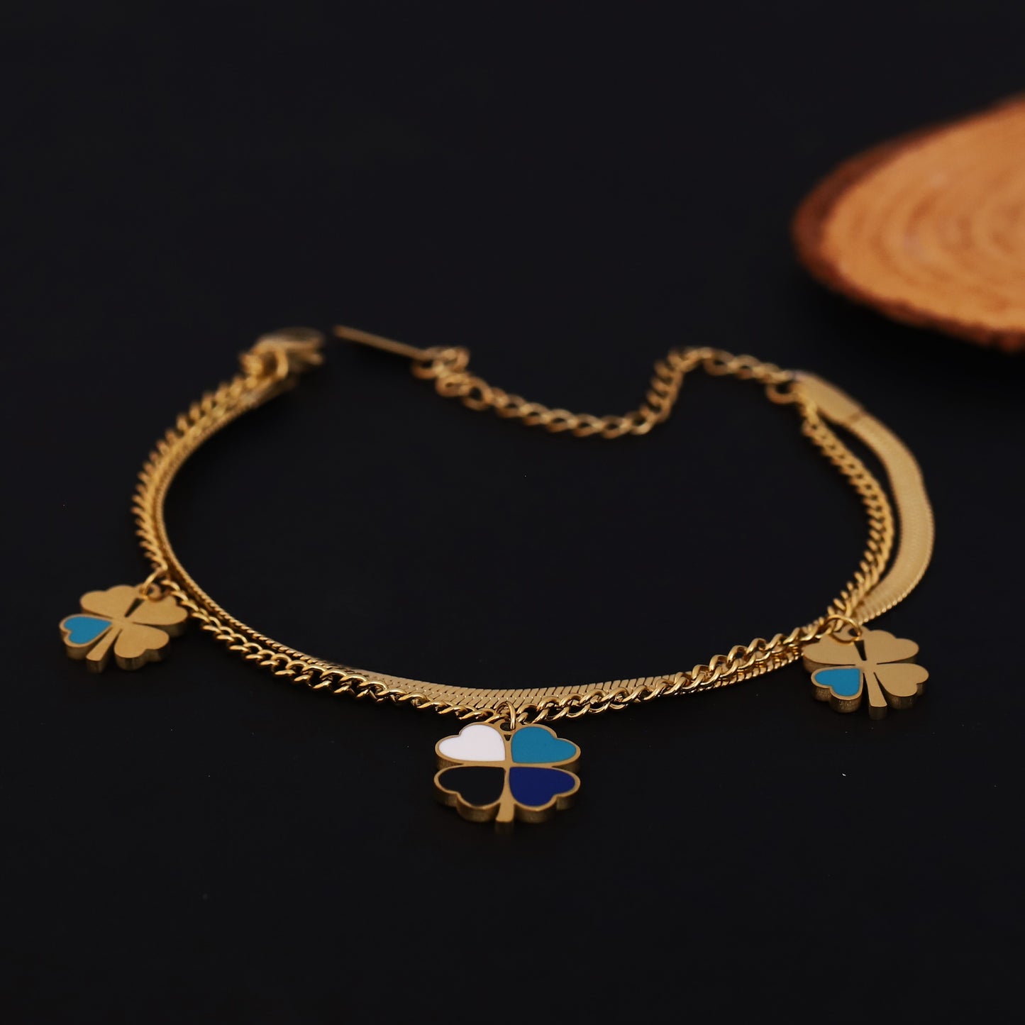 Gold Double Layered Clover Charm Bracelet - Stainless Steel Herringbone Chain