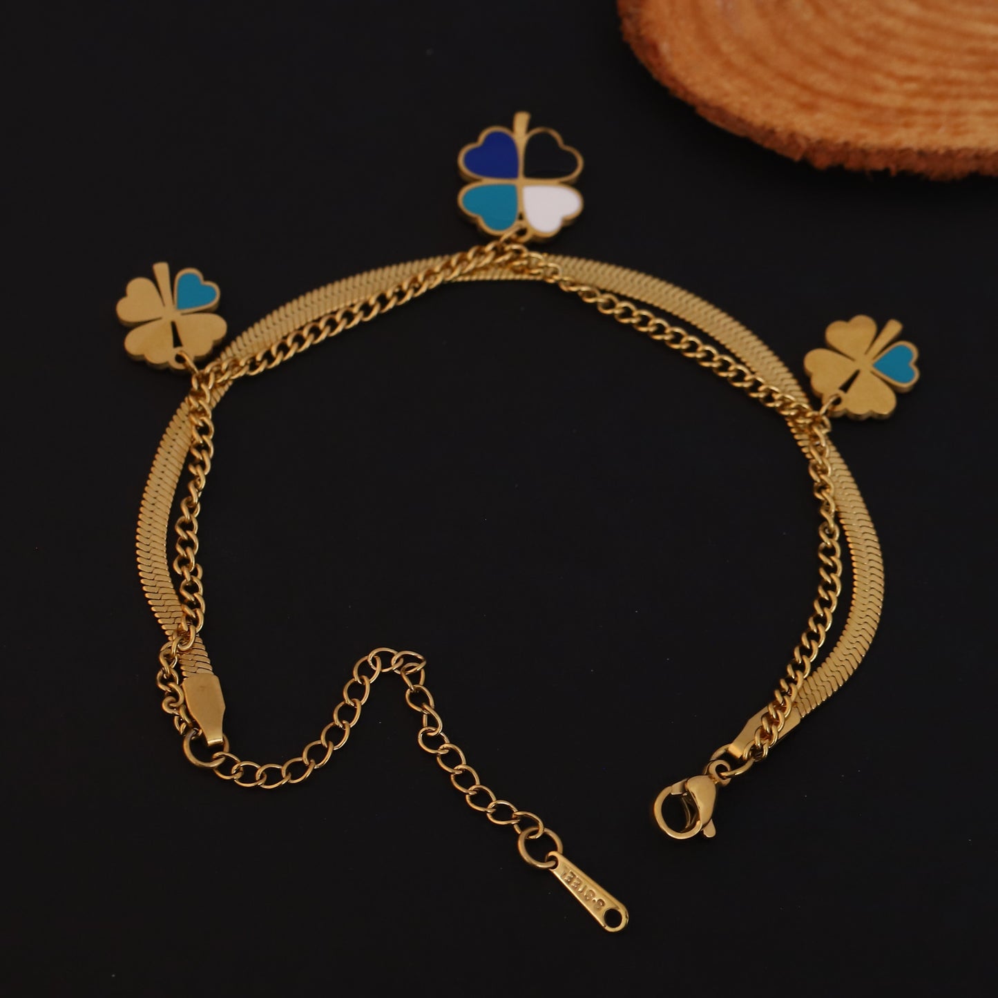 Gold Double Layered Clover Charm Bracelet - Stainless Steel Herringbone Chain