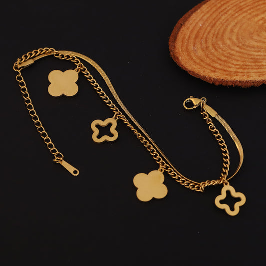 Four-Leaf Clover Double-Layer Gold Chain Bracelet