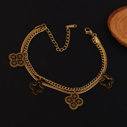 Four-Leaf Clover Double-Layer Gold Chain Bracelet