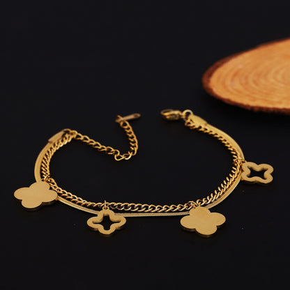 Four-Leaf Clover Double-Layer Gold Chain Bracelet