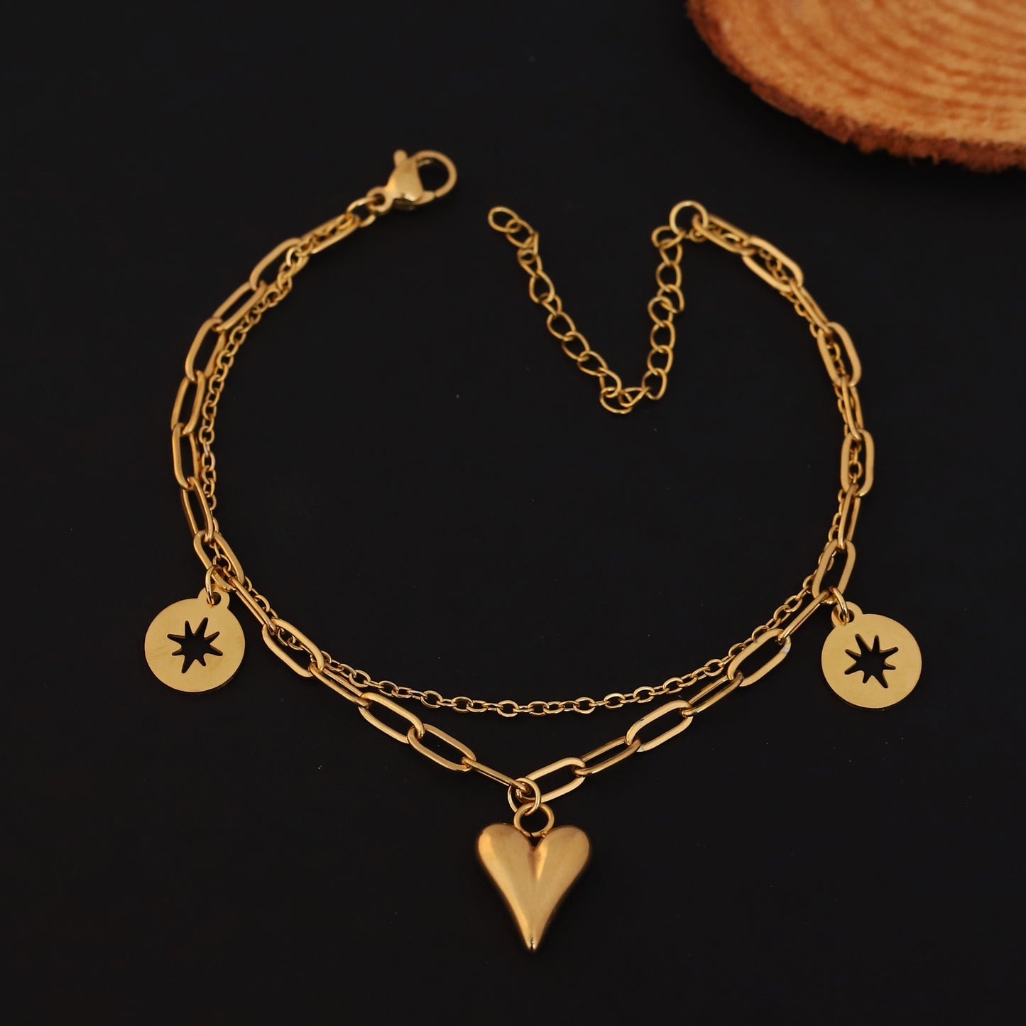 Double-Layer Gold Chain Bracelet with Heart and Star Charms