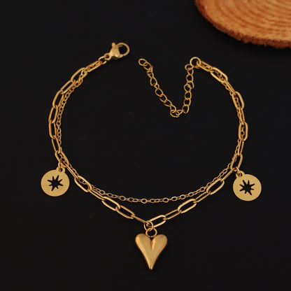 Double-Layer Gold Chain Bracelet with Heart and Star Charms