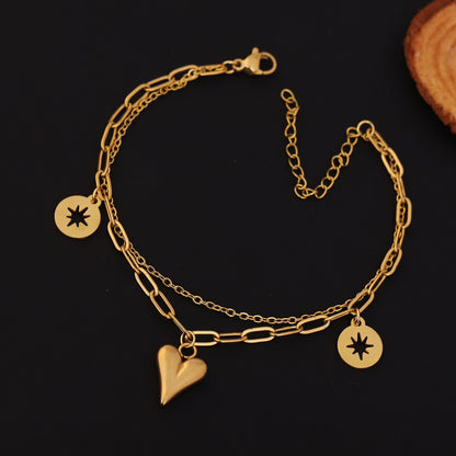 Double-Layer Gold Chain Bracelet with Heart and Star Charms