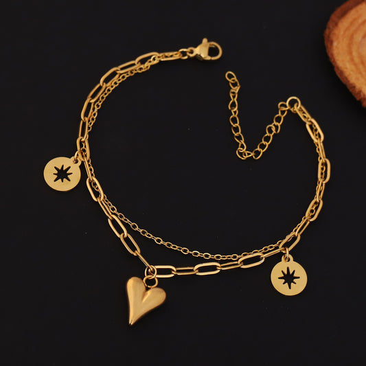 Double-Layer Gold Chain Bracelet with Heart and Star Charms