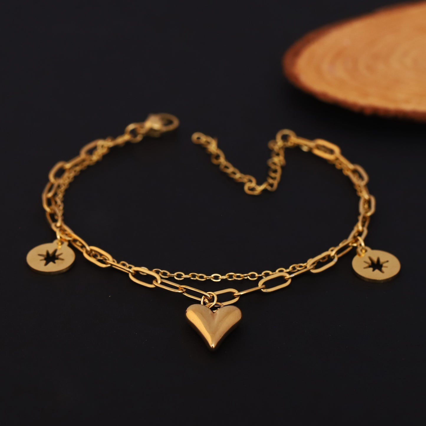 Double-Layer Gold Chain Bracelet with Heart and Star Charms