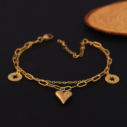 Double-Layer Gold Chain Bracelet with Heart and Star Charms