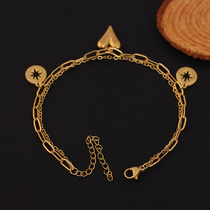 Double-Layer Gold Chain Bracelet with Heart and Star Charms