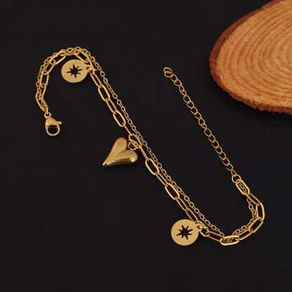 Double-Layer Gold Chain Bracelet with Heart and Star Charms