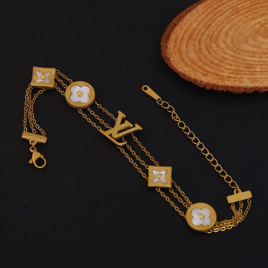 Layered Gold Bracelet with Mother of Pearl Clovers & LV Inspired Monogram | Statement Jewelry